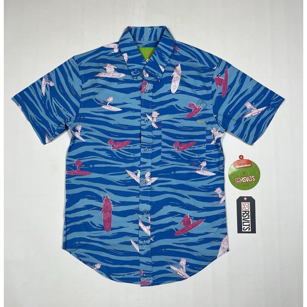 RSVLTS Nickelodeon Button Up Shirt Mens XS Blue Rocket Power Party Wave